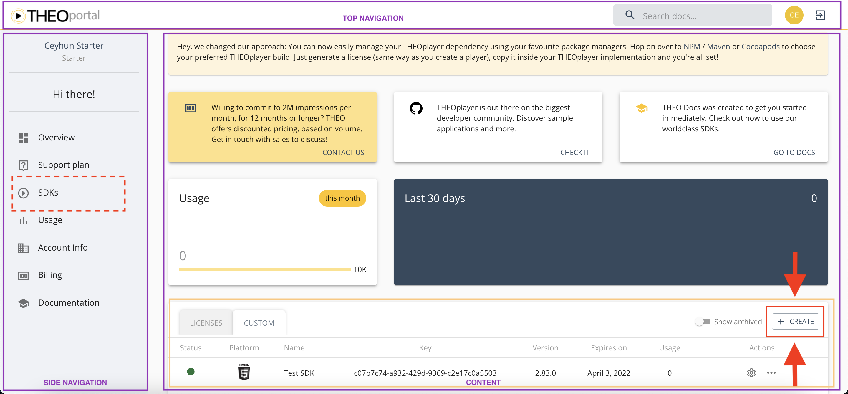 THEOplayer Developer Portal&#39;s dashboard